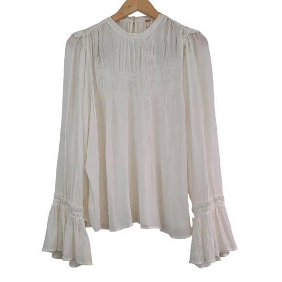 Free People Tops - Free People Sz M Neutral White Viscose Gauzy Top Ruffle Bell Sleeves Boho Blouse